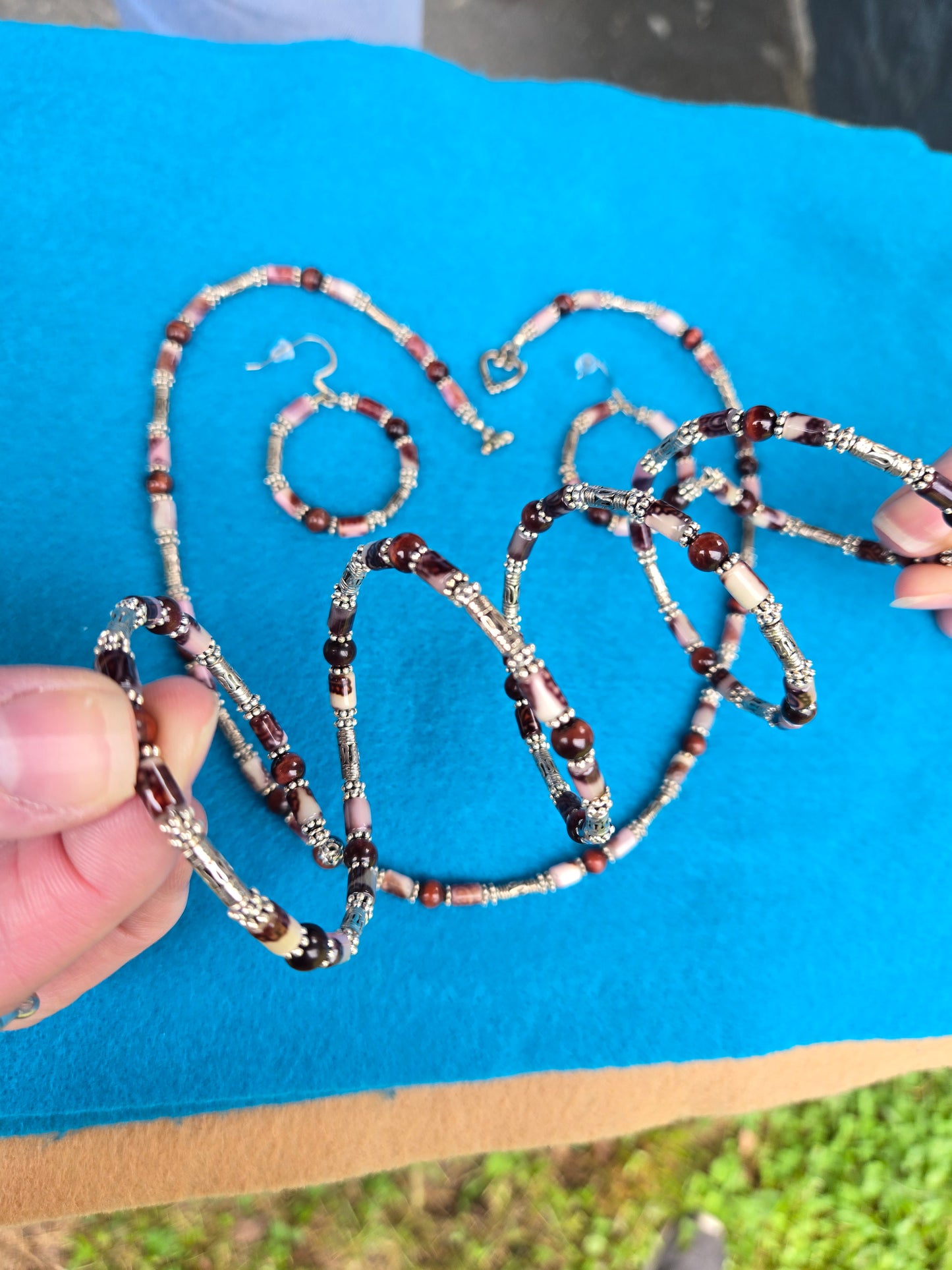 925 Brown & White Paisley Spiral Set Round Earrings, Spiral Bracelet, and Necklace