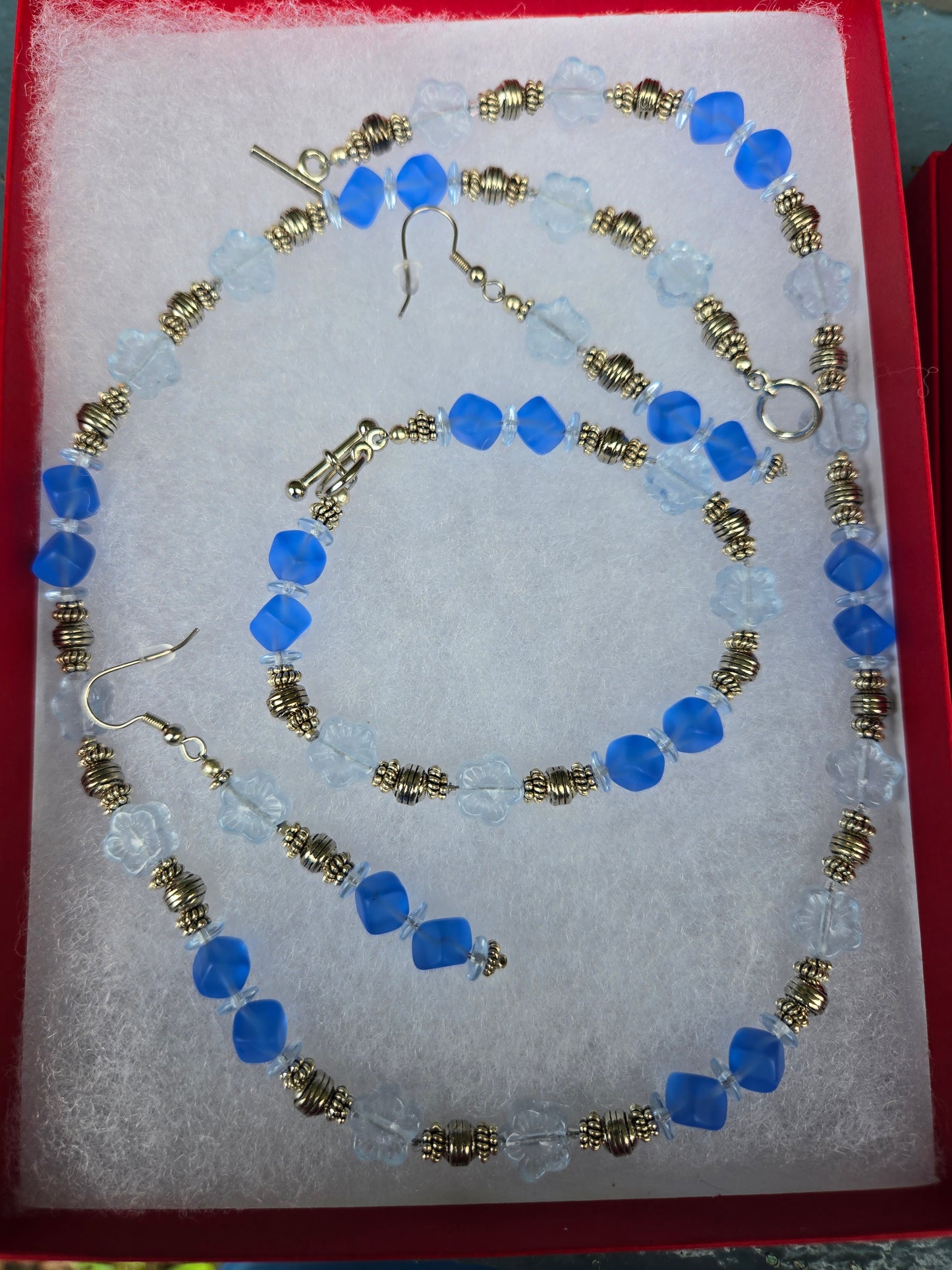 BlueCubes & Clear Light Blue Flower Glass Beads & Metal Round & 925 Spacers Set