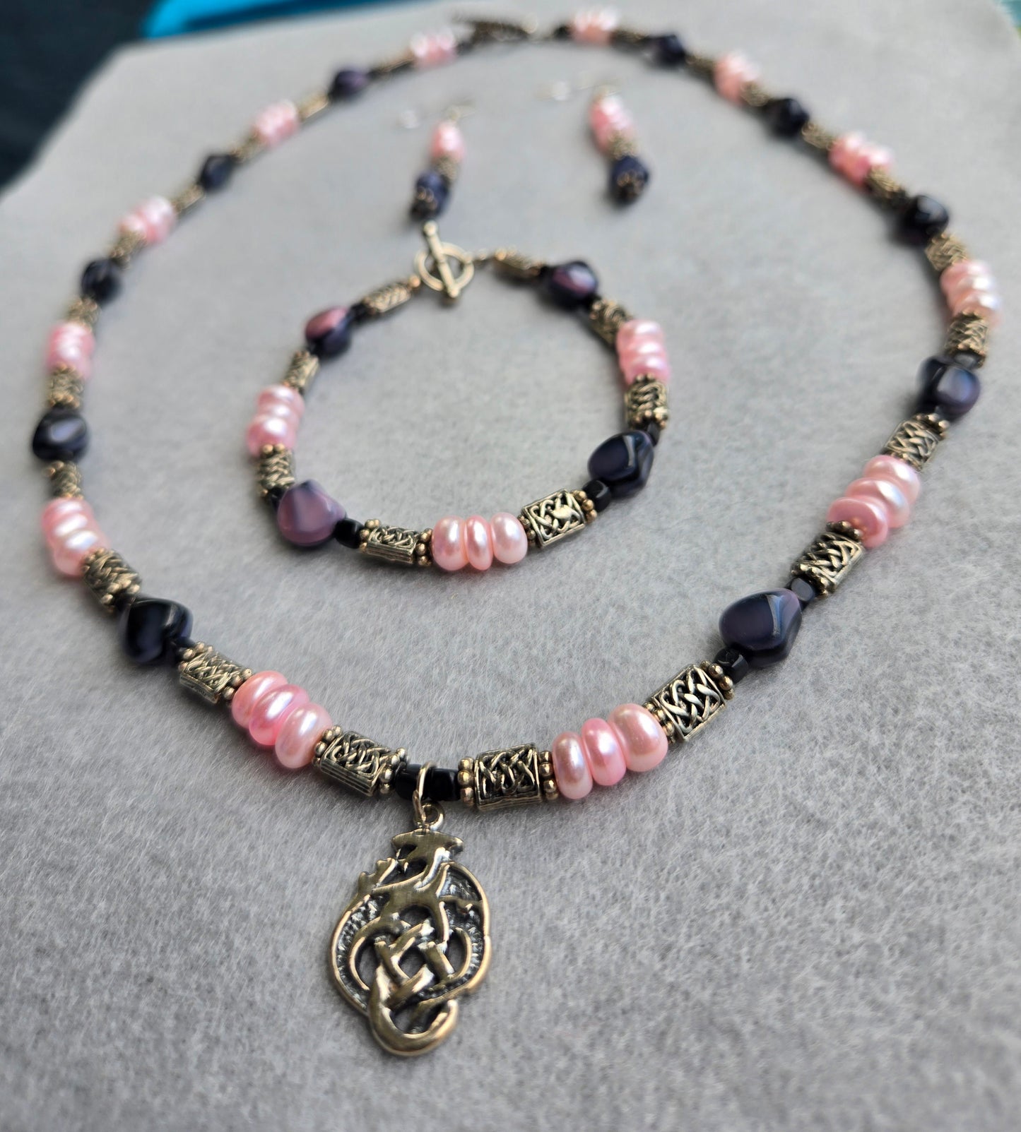 925 Dragon Pendant on necklace with 925 Celtic Bead & Pink Man-made Pearl & Black Glass Set