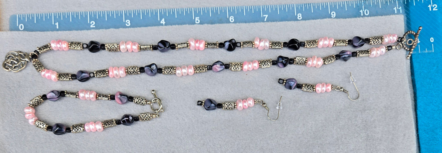 925 Dragon Pendant on necklace with 925 Celtic Bead & Pink Man-made Pearl & Black Glass Set